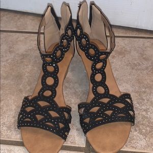 black open toe wedges with rhinestones